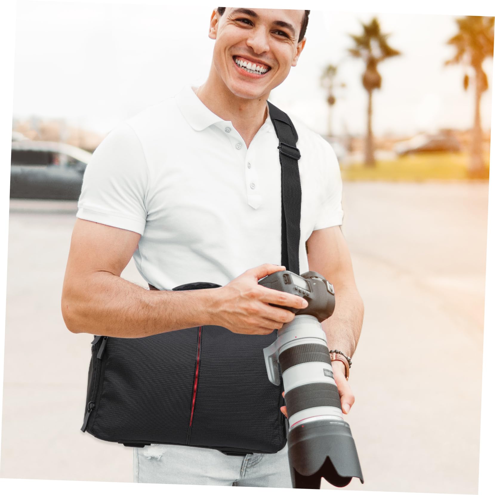 Borsa per Fotocamera Reflex, Borsa a Tracolla Nera in Nylon e Pvc, Antiurto, Tracolla Regolabile e Tasche Interne