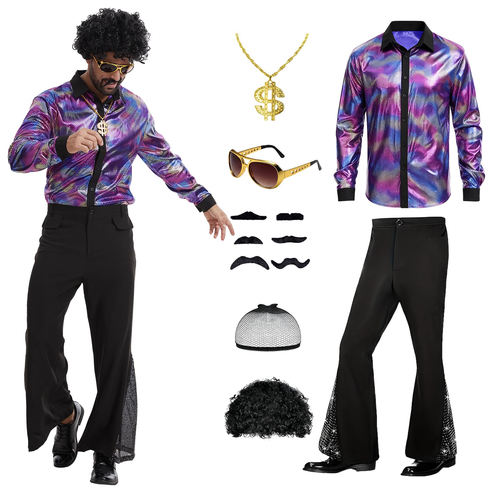 HZVRTN 70s Fancy Dress Mens,Disco Ball Costume,1970s Retro Outfit with Accessories for Retro-themed Parties And Halloween. (Purple, XL)