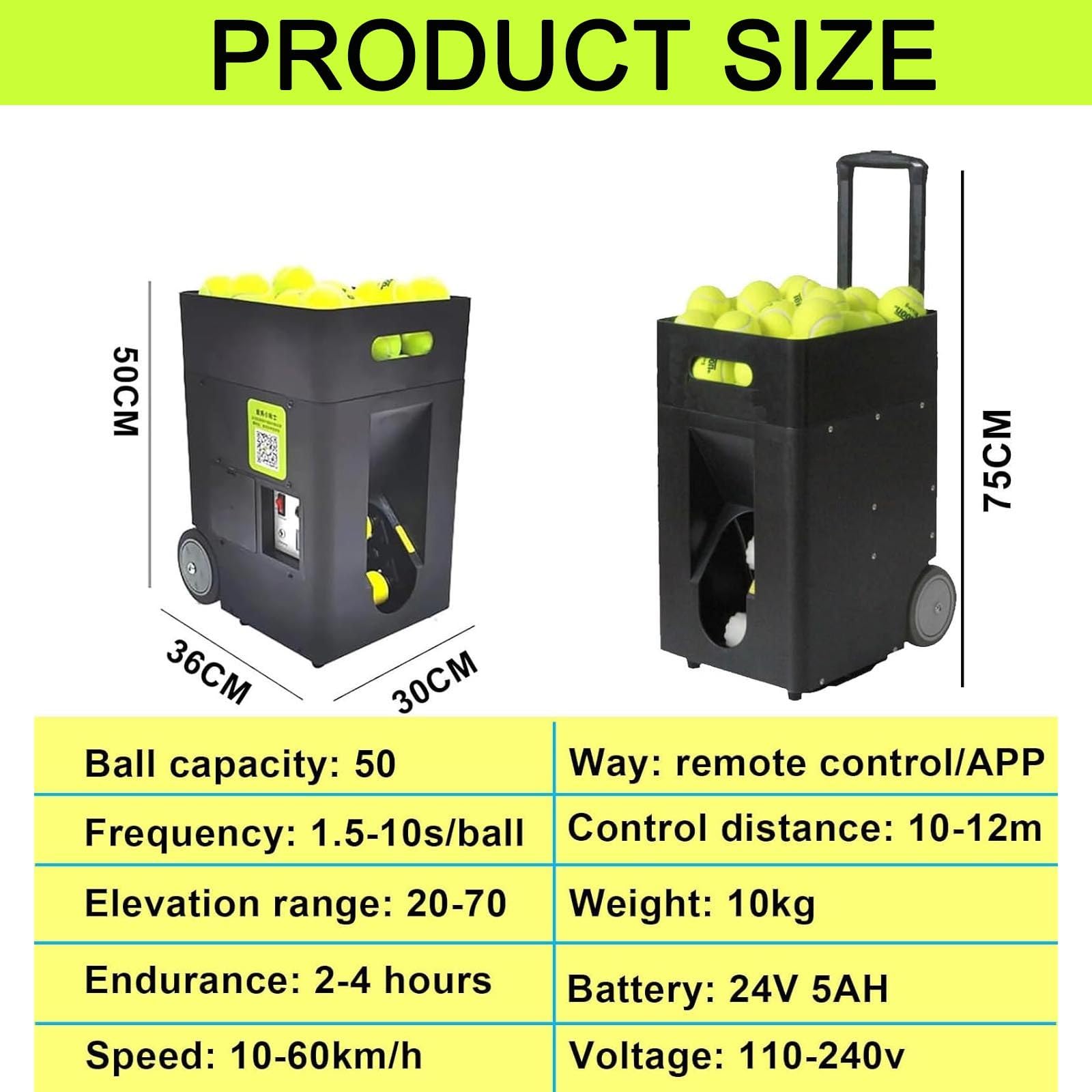 MáQuina Lanzadora De Pelotas Tenis,Equipo AutomáTico Para PráCtica De Tenis,áNgulo Lanzamiento Ajustable, Velocidad, Frecuencia RotacióN, Capacidad Para 50 Pelotas,Velocidad 10-60 Km/h,Black
