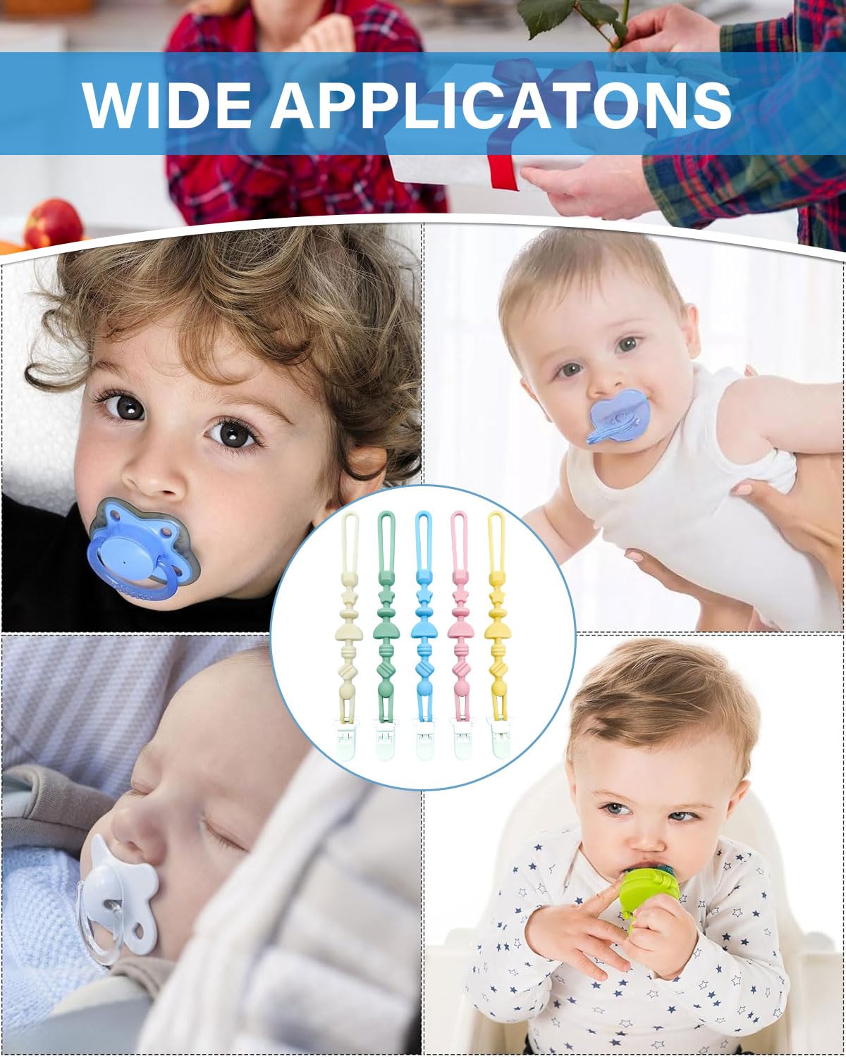5 Piezas Paquete de Clips para Chupetes de Silicona, Sujetachupetes con Diseño de Una Pieza para Bebés Niños y Niñas, Juguetes Mordedores para la Dentición — view 6