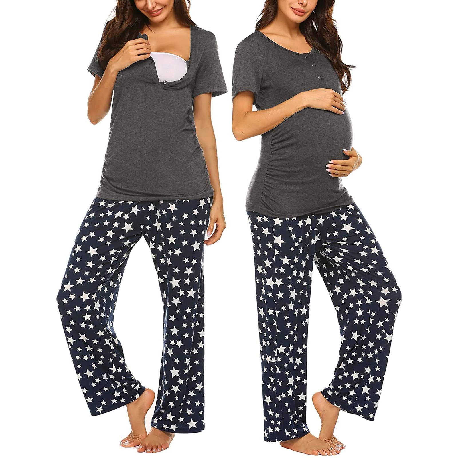 Schwangerschafts-Pyjama-Set, Nachtwäsche, Hose, Baby-Ärmel, T-Shirt, Stillen, Damen, Hemd, Umstandsschlaf, Nachtkleider, Frauen-Schlaf, grau, XL
