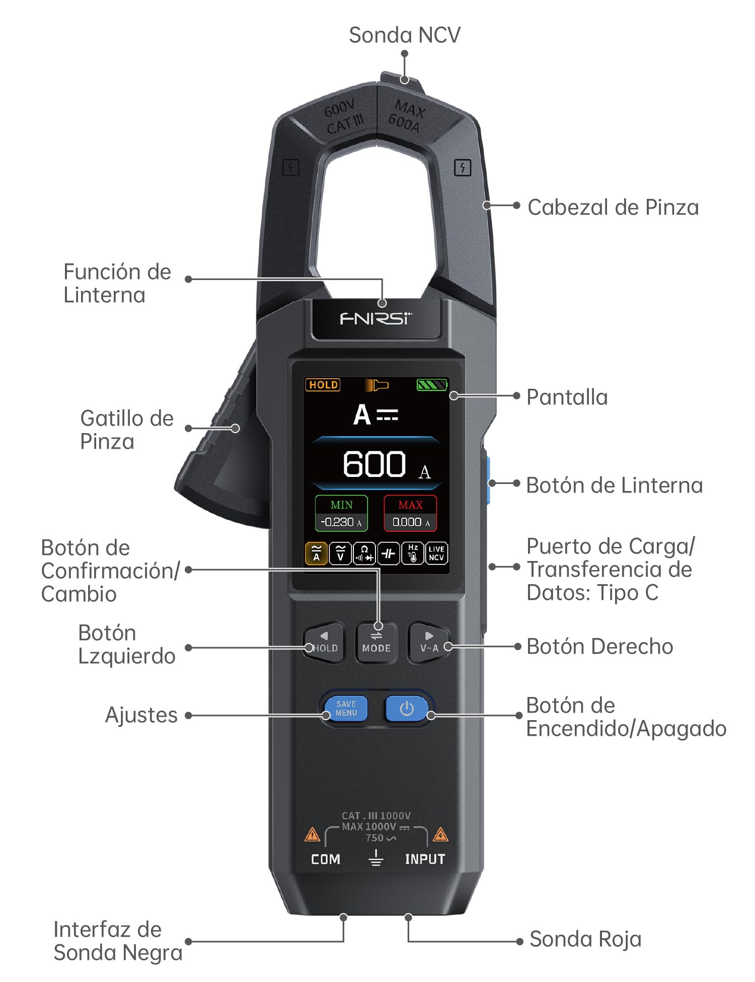 FNIRSI DMC-100 Pinza Amperimétrica Digital, Multímetro TRMS de 9999 Cuentas, Amperímetro Recargable con Registro de Curvas de 600A y Bolsa de Almacenamiento, NCV, Voltaje CA/CC, Corriente
