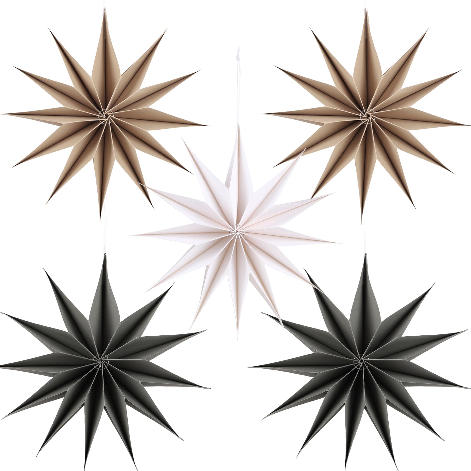 12 Inches 5 PCS Brown Grey White Paper Star Lanterns Christmas Hanging Lamp Rustic Paper Decorations Shade Wedding Birthday Christmas Home Party Decorations(12 Pointed)