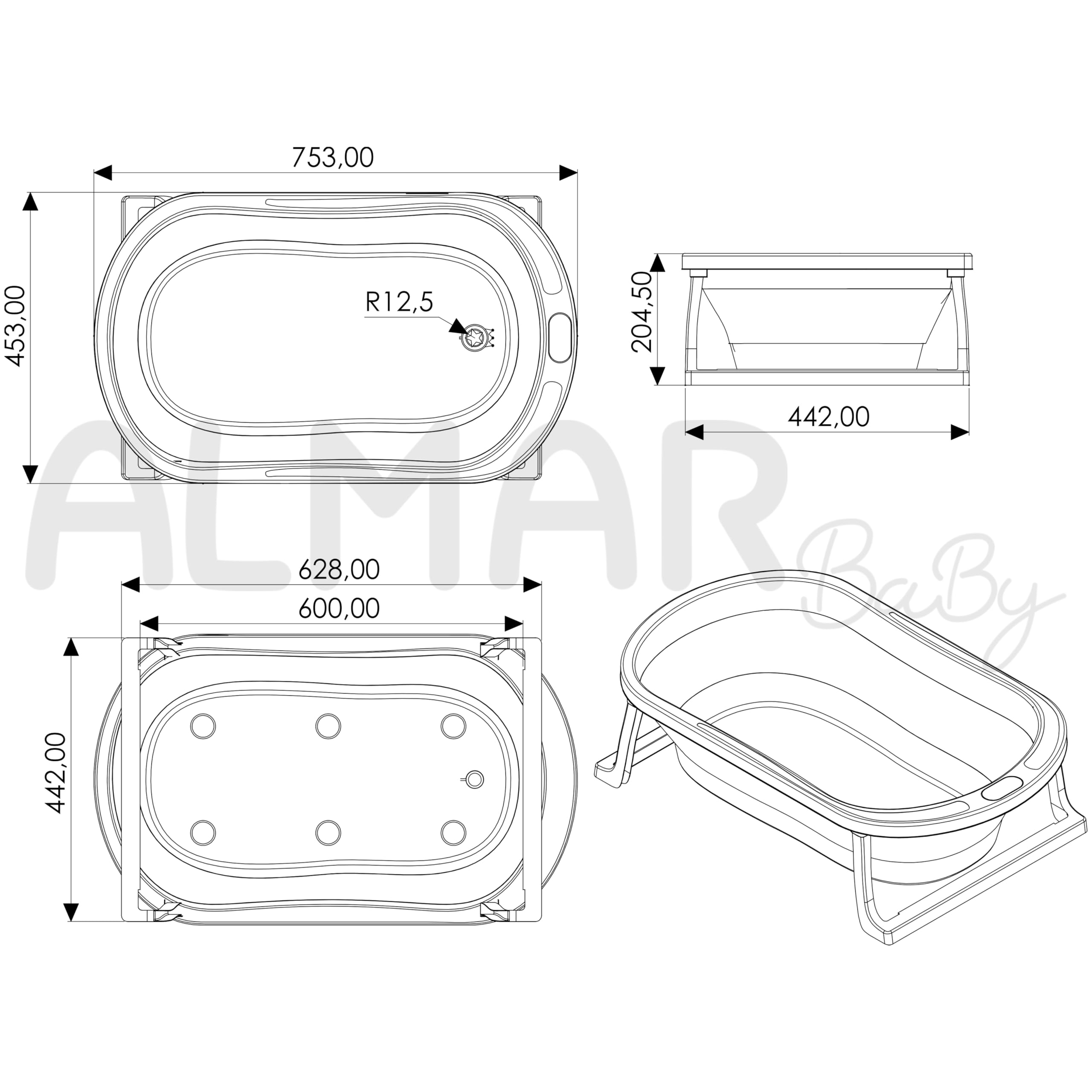 ALMAR Baby Bañera plegable bebé hasta 24 meses Gris plegado compacto con patas antideslizantes para recien nacido doble plegado — view 8