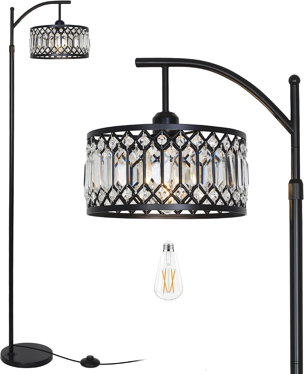Crystal Floor Lamps for Living Room, Modern Arc Floor Lamp, Black Standing Lamp with Edison Bulb, Height Adjustable Tall Lamp for Bedroom, Corner Stand Up Lamp for Office, Arched Reading Light
