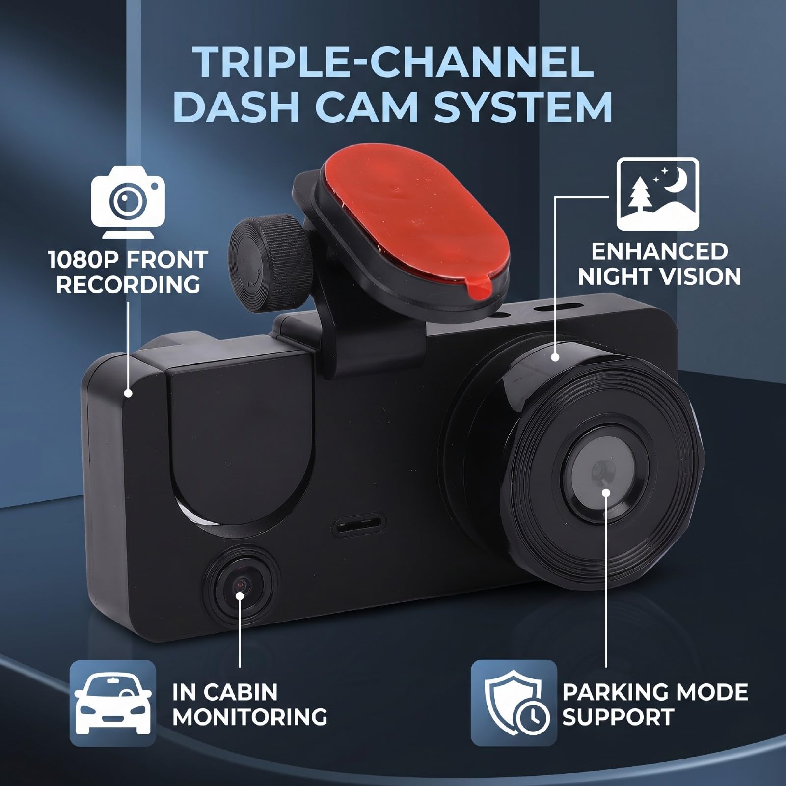 Dash Cam a 3 1080P Anteriore e Posteriore Interna con Grandangolo | Custodia in ABS, Schermo IPS da 2,0 Pollici, Batteria da 320 MAh, Supporta la Registrazione con Avvio Automatico da 32 GB