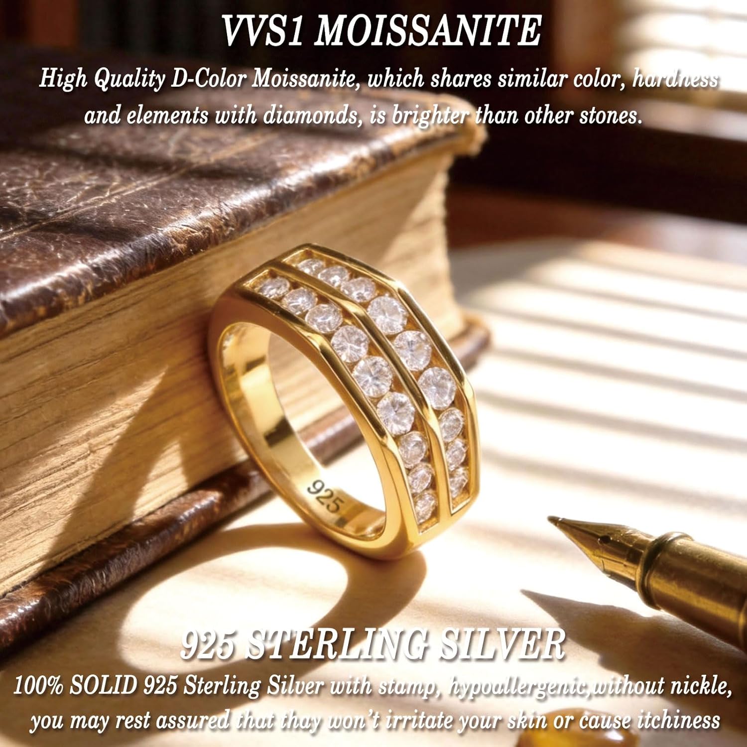 D Color VVS1 Mens Moissanite Wedding Band 925 Sterling Silver Engagement Rings for Men Groom Eternity Pave Round Size 8-13 - Image 4