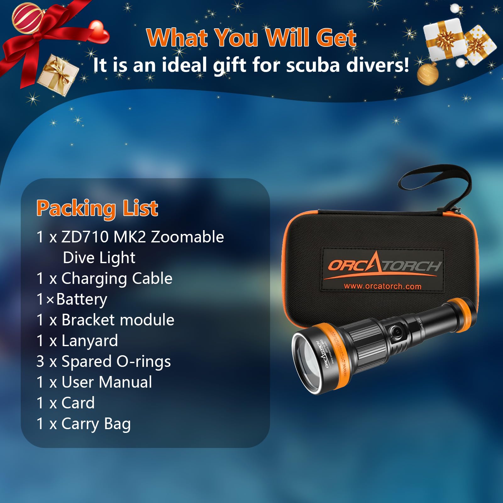 ORCATORCH ZD710MK2 Tauchlampe LED mit Zoom, 1500 Lumen Taucherlampe mit 4 Modi 2-in-1 Spot und Flutlicht, IP68 Wasserdichte Unterwasser Taschenlampe für Unterwasser 150M Tauchen, Camping