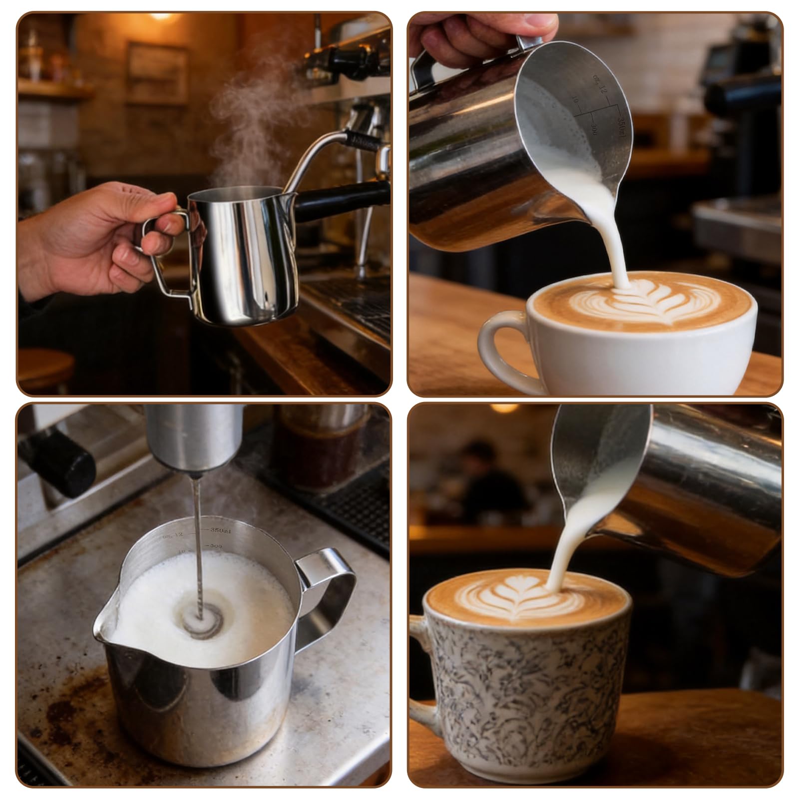 Milchkännchen für Kaffeemaschine, 350ml Edelstahl milchkännchen dampfende Krüge, Skala Kaffee/Milch/Cappuccino/Latte Art Barista Dampf Krüge, Milchkranke Tasse mit Dekoration Stift Tasse (350ml)