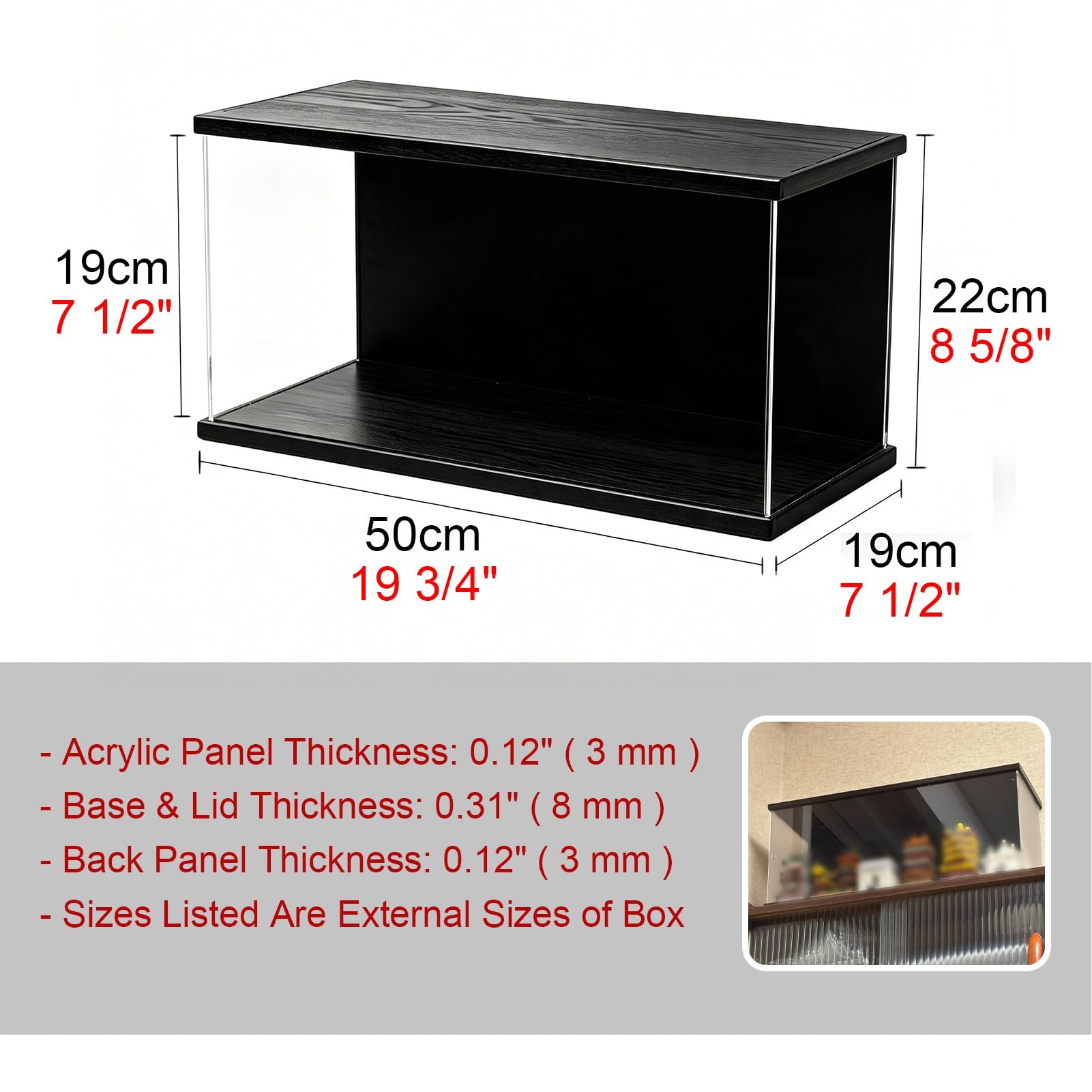 Teca Plexiglass Illuminazione a LED, Retro Nero, Vetrina in Acrilico | Mobiletto in Acrilico con Base Nera, Scatola in Vetro Alternativa per Conservare Cosmetici, Organizer da Scrivania