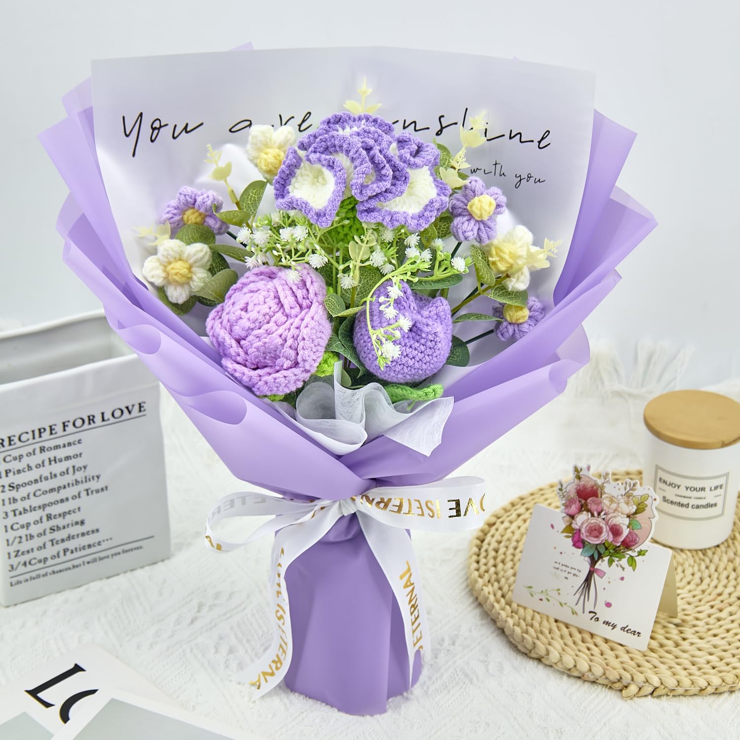 YSHomy Crochet Flowers, Crochet Flower Bouquet with Purple Rose, Tulips, Carnation,Forever Flowers Gift for Mom, Mother’s Day Birthday Graduation Gift,Include Card