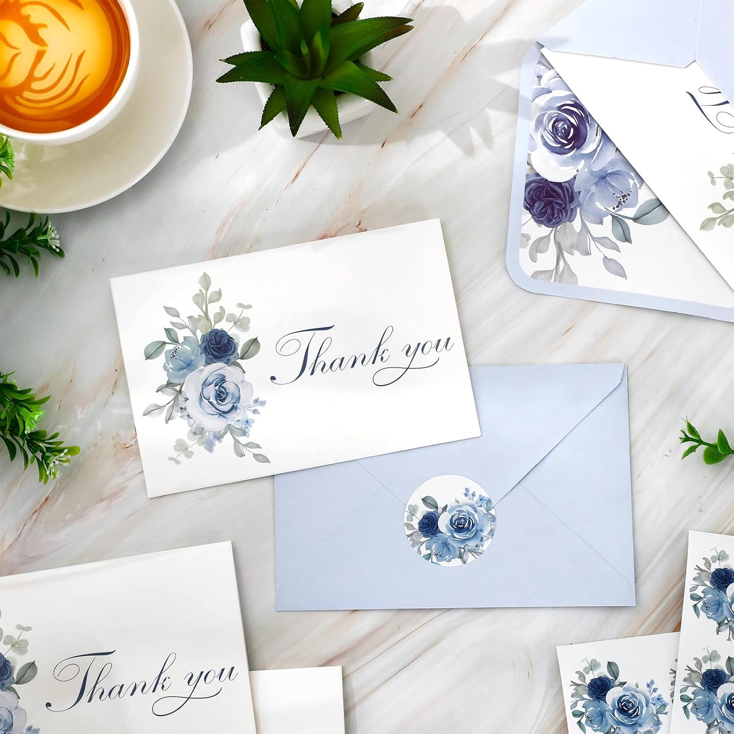 JarThenaAMCS 50 Pack Dusty Blue Floral Thank You Cards Watercolor Blue Roses Greeting Cards With Envelopes Stickers Blank Note Cards for Birthday Wedding - Image 3
