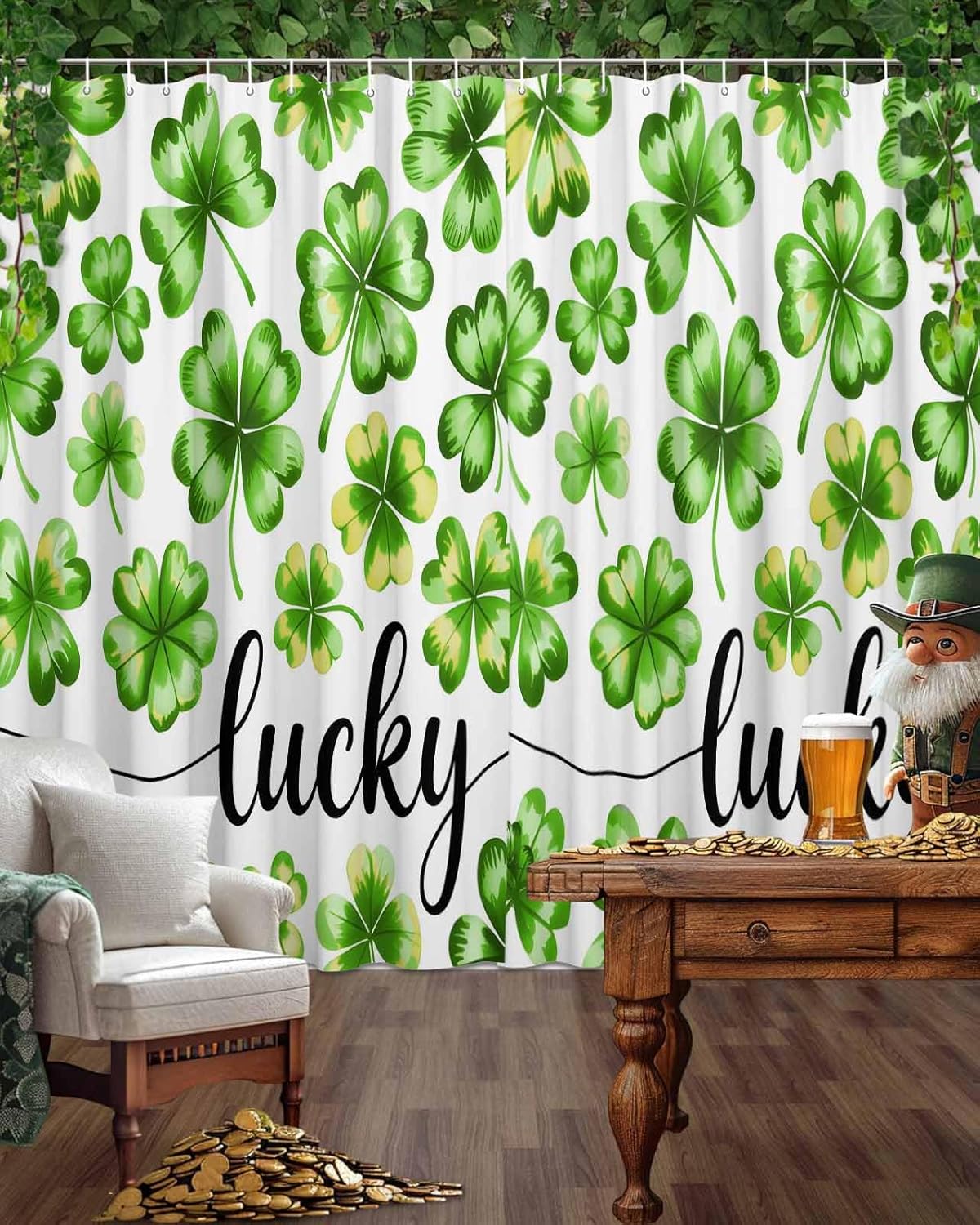 LooPoP St. Patrick's Day Shower Curtain Lucky Clovers Bathroom Curtains with Hooks, Waterproof Polyester Fabric Green Shamrock Leaf Shower Curtains Set for Bathroom Bathtubs Spring Decor 60x72 Inch