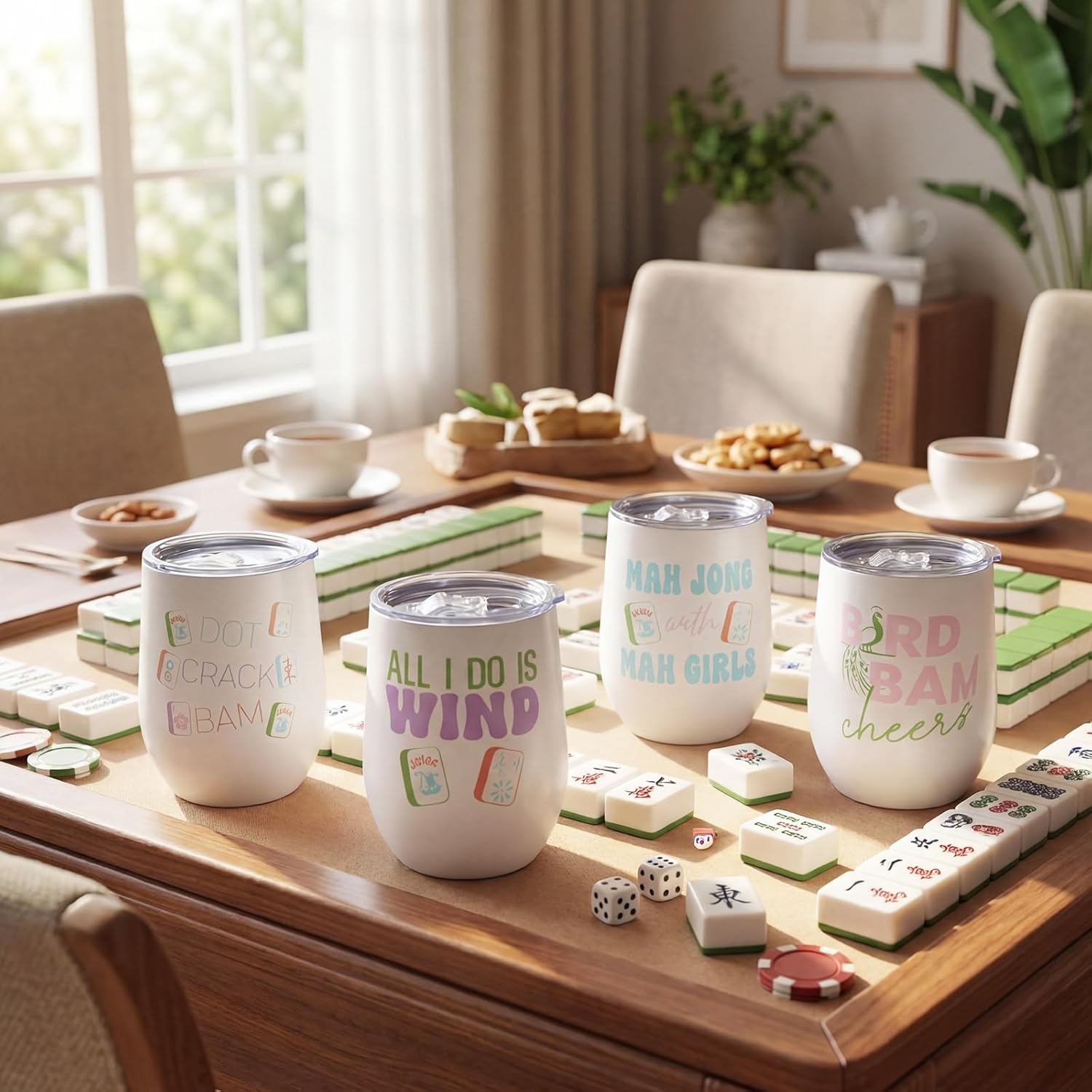 Patelai 4 Pcs Mahjong Tiles Accessories Tumbler, Mah Jong Gifts Stainless Steel Tumbler with Lid and Straw 12oz, Gifts for Mahjong Players Lovers Travel Coffee Cup