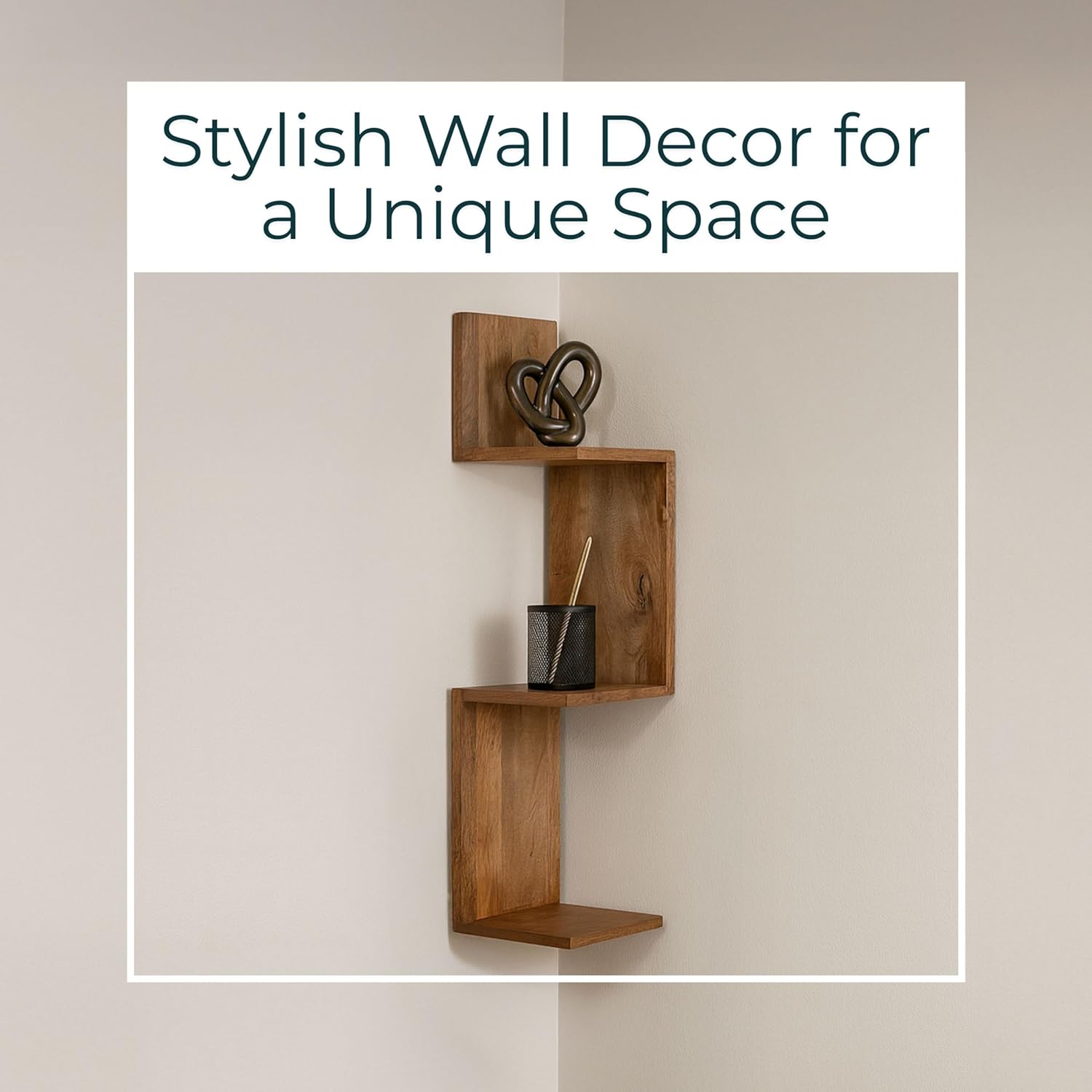 Sculptural Zig Zag Corner Wall Mounted Shelf for Entryway Corner Display - Hanging Mango Wood Storage Organizer Living Room or Office Styling- Wall Organizer for Books and Decorations - 33", Brown