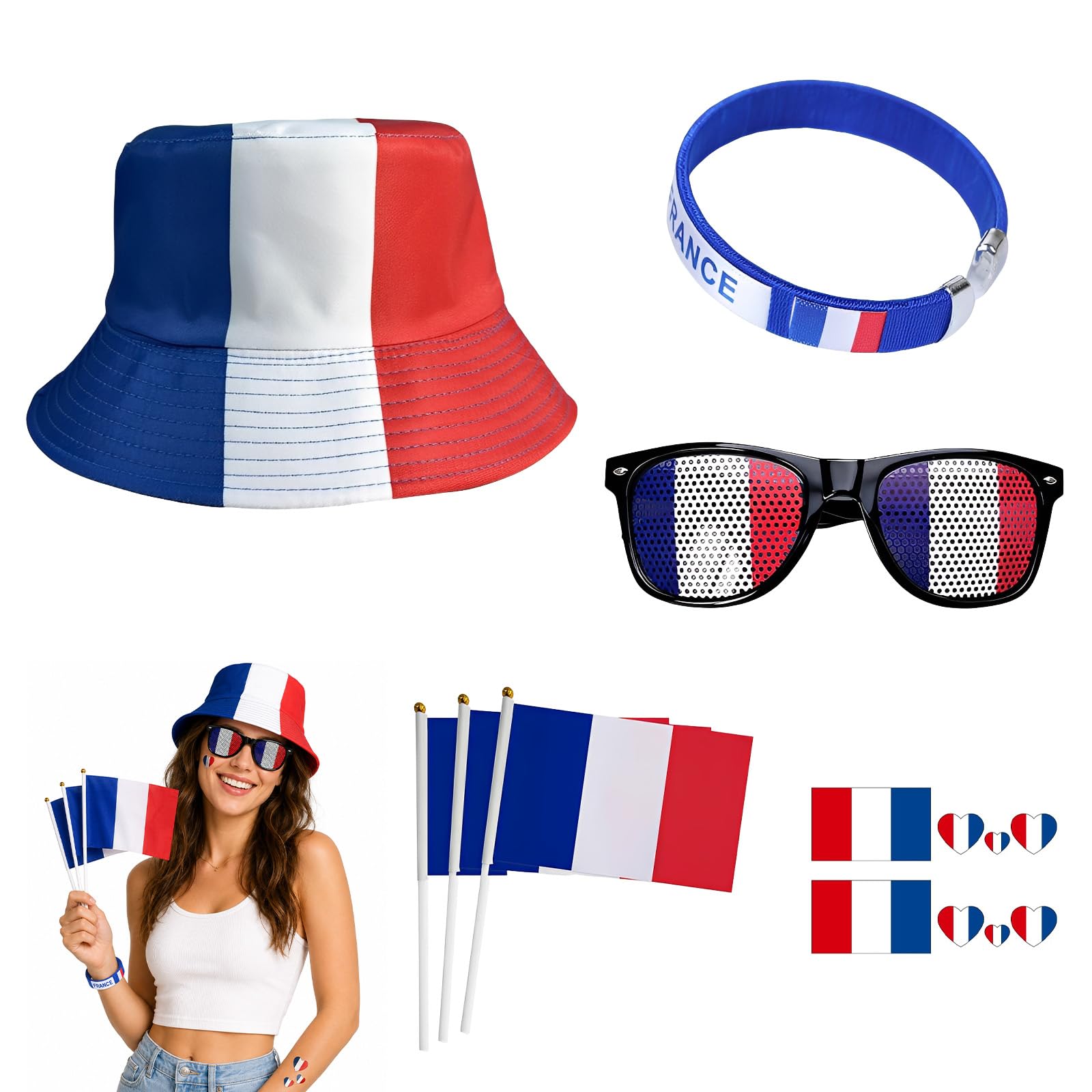 Kit Supporter France 8 Pièces Accessoires Tricolores Chapeau Lunettes Drapeaux Bracelet Autocollants Bleu Blanc Rouge Maillot Equipe De France Foot 2026