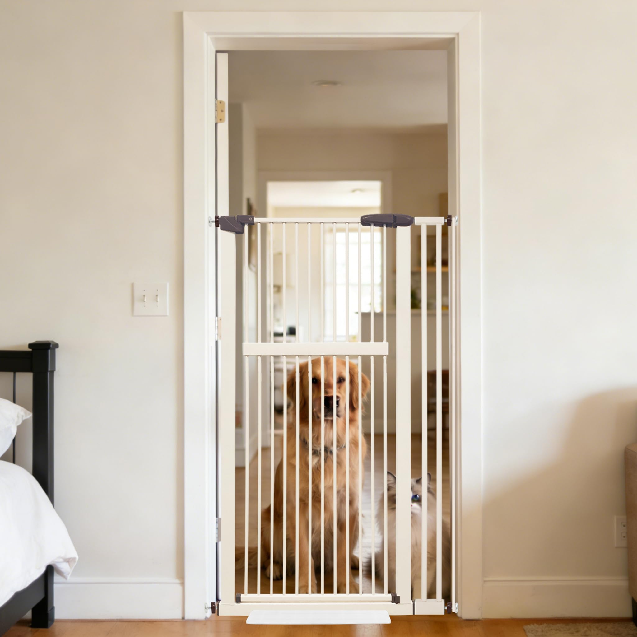 Lumizone 55.12" Extra Tall Pet Gate for Cat Dog 30.12"-38.38" Wide Cream | Extra Tall Cat Gate for Doorway Hallway Stairs Pressure Mounted 1.37" Gap