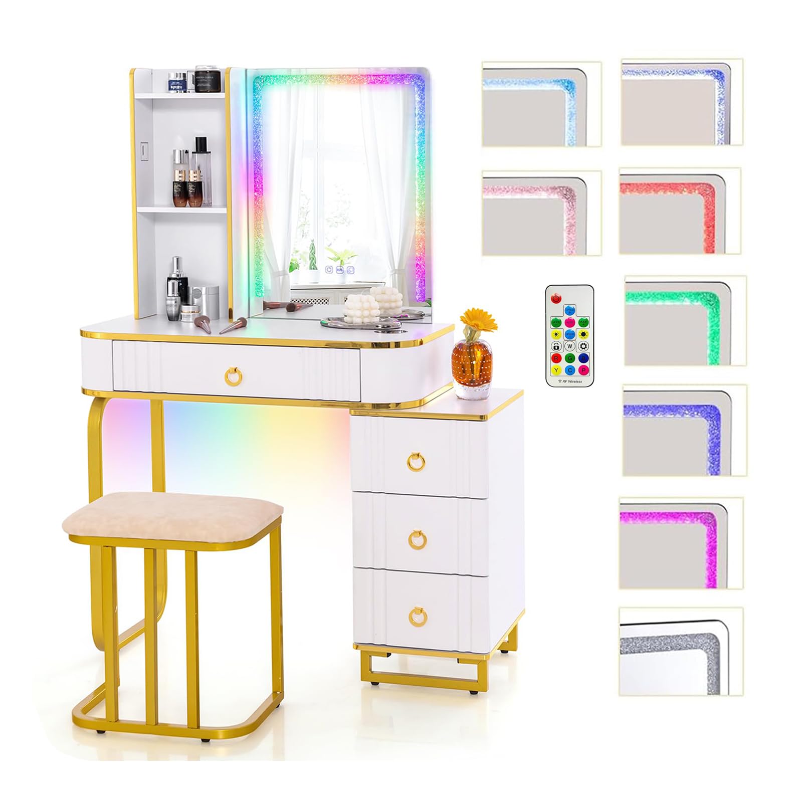 RELAX4LIFE Toeletta da Trucco con Luci LED, Tavolo da Trucco con Specchio, Set di Postazione Trucco con Porta USB/Type-C/Ricarica Wireless, per Camera da Letto, 80x40x137 cm (Bianco)