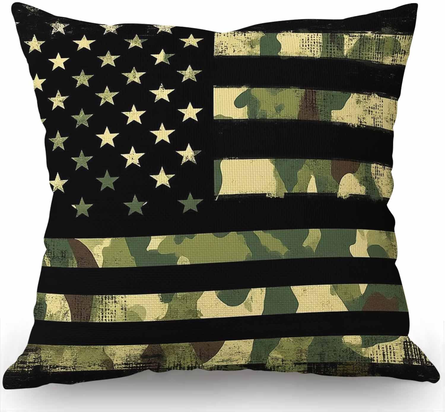 Swono Throw Pillow Case American Flag with Camouflage Cotton Linen Square Cushion Cover Standard Pillowcase for Men Women Home Decorative Sofa Armchair Bedroom Livingroom 18 x 18 inch