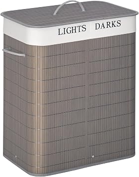 HOMCOM 100L Laundry Basket with Lid, String Handles, 2 Section Hamper Grey