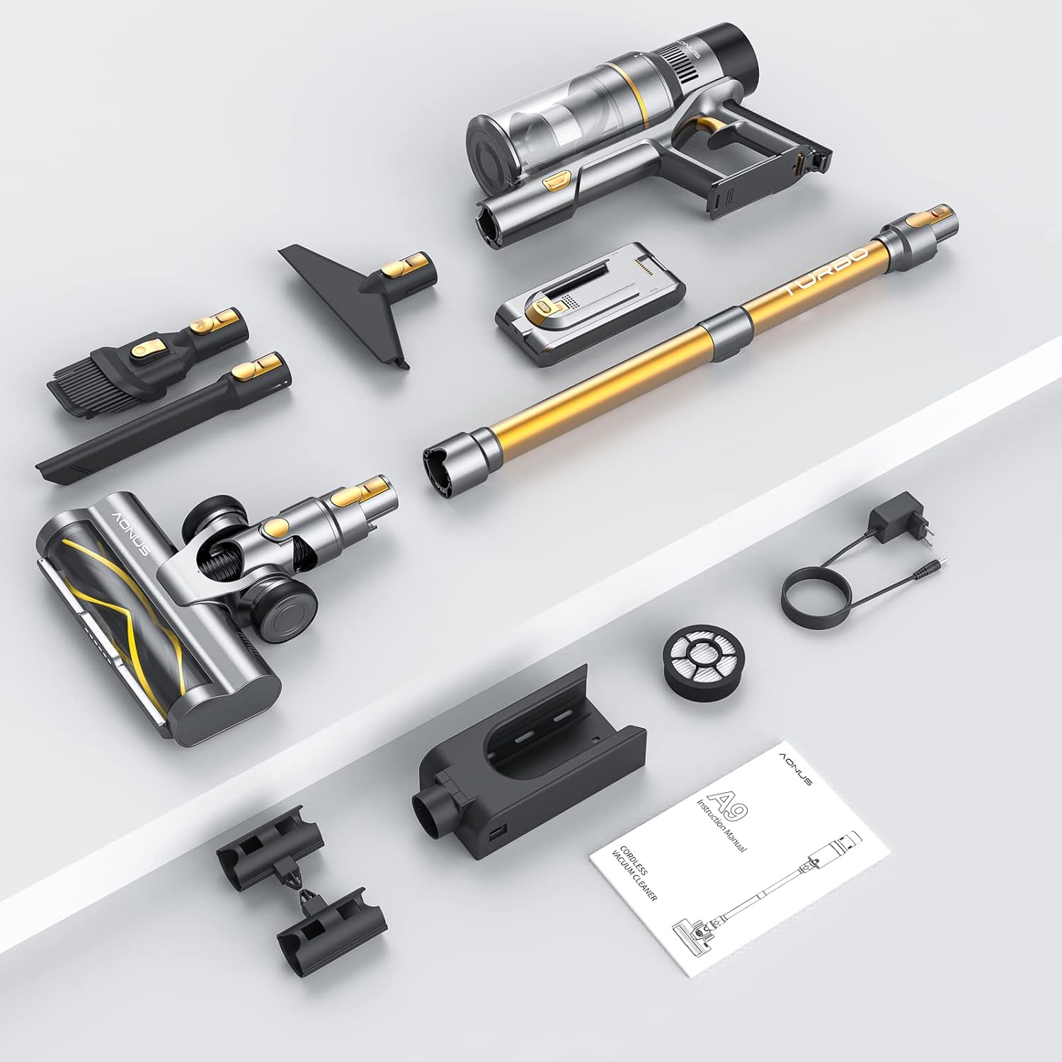 aonus A9 Aspirapolvere senza Fili Potente 33KPa 500W, Scopa Elettrica senza Fili con Touchscreen, 4 in 1 Aspirapolvere Ricaricabile Autonomia 60Min per Pavimento Tappeti Peli Animali