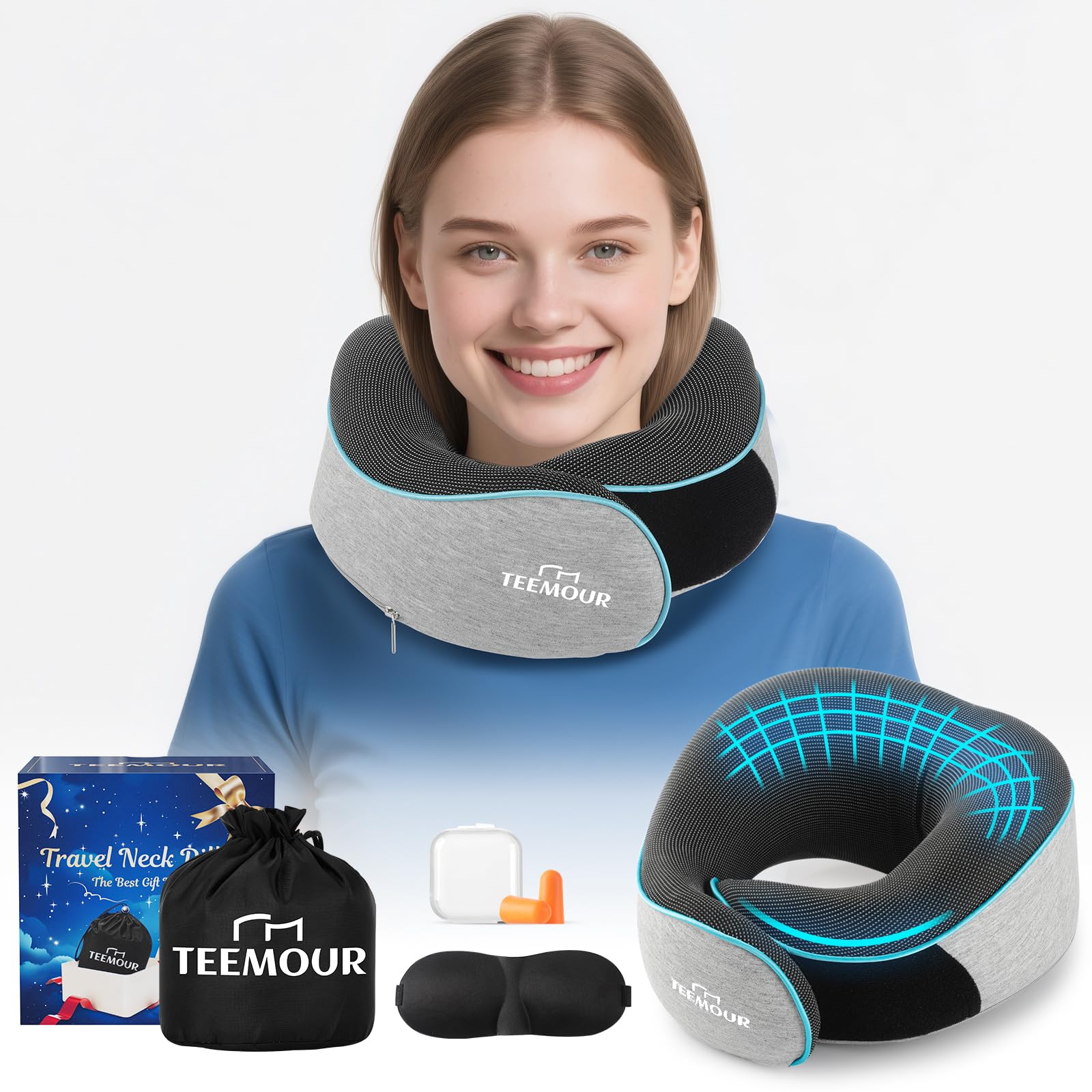 Teemour Nackenkissen für Flugreisen – 360°-Stütze, Reisekissen aus Memory-Schaum mit Augenmaske und Ohrstöpseln, tragbare Tragetasche für Lange Flüge | Bestes Zubehör für Flugreisen