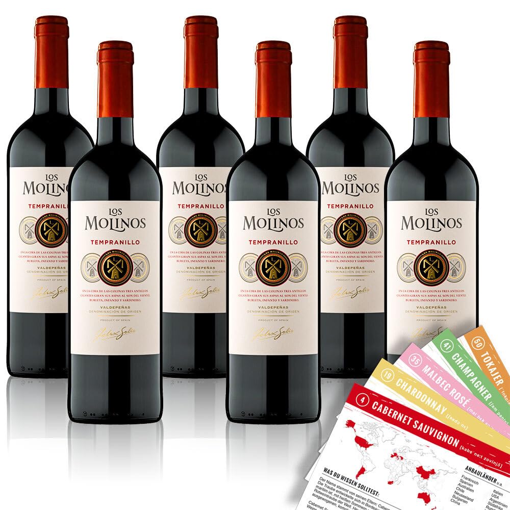 Los Molinos Tempranillo La Mancha, trocken, sortenreines Weinpaket + VINOX Weinkarten (6x0,75l)