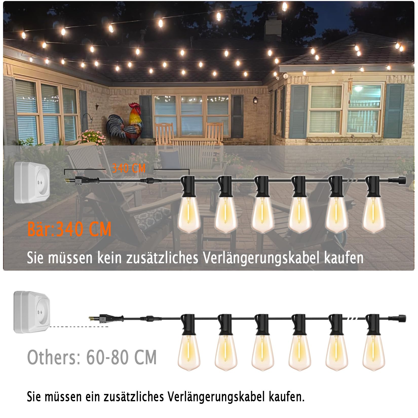 Catena luminosa a LED per esterni, 60 m, corrente esterna, con 100 + 4 pezzi, luce bianca calda, 2700 K, ST38, in plastica, IP44, impermeabile, per pergolato, matrimoni, feste, 2 pezzi