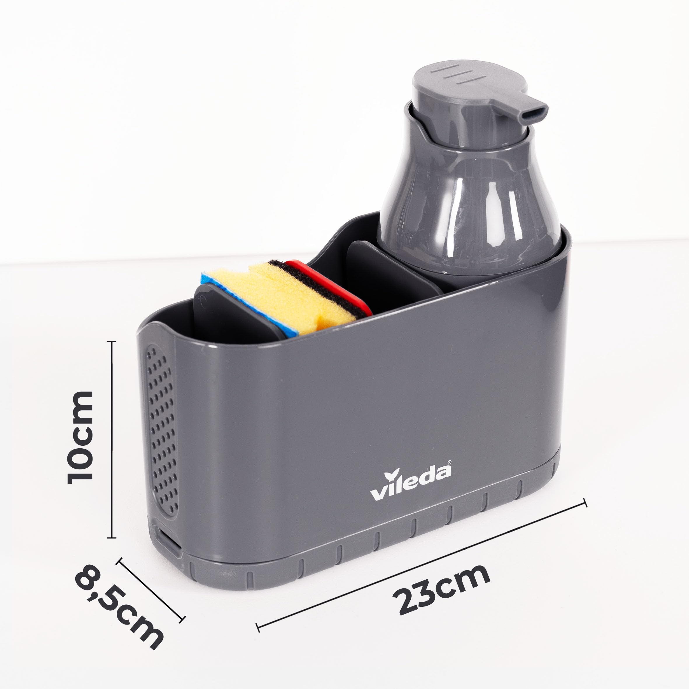 Vileda Sink Organizer con Dispenser di Sapone in Plastica - Porta Spugne da Cucina indipendente - Organizer per Lavastoviglie con Dispenser di Sapone per Spugne e Spazzole - Durevole e Antiruggine