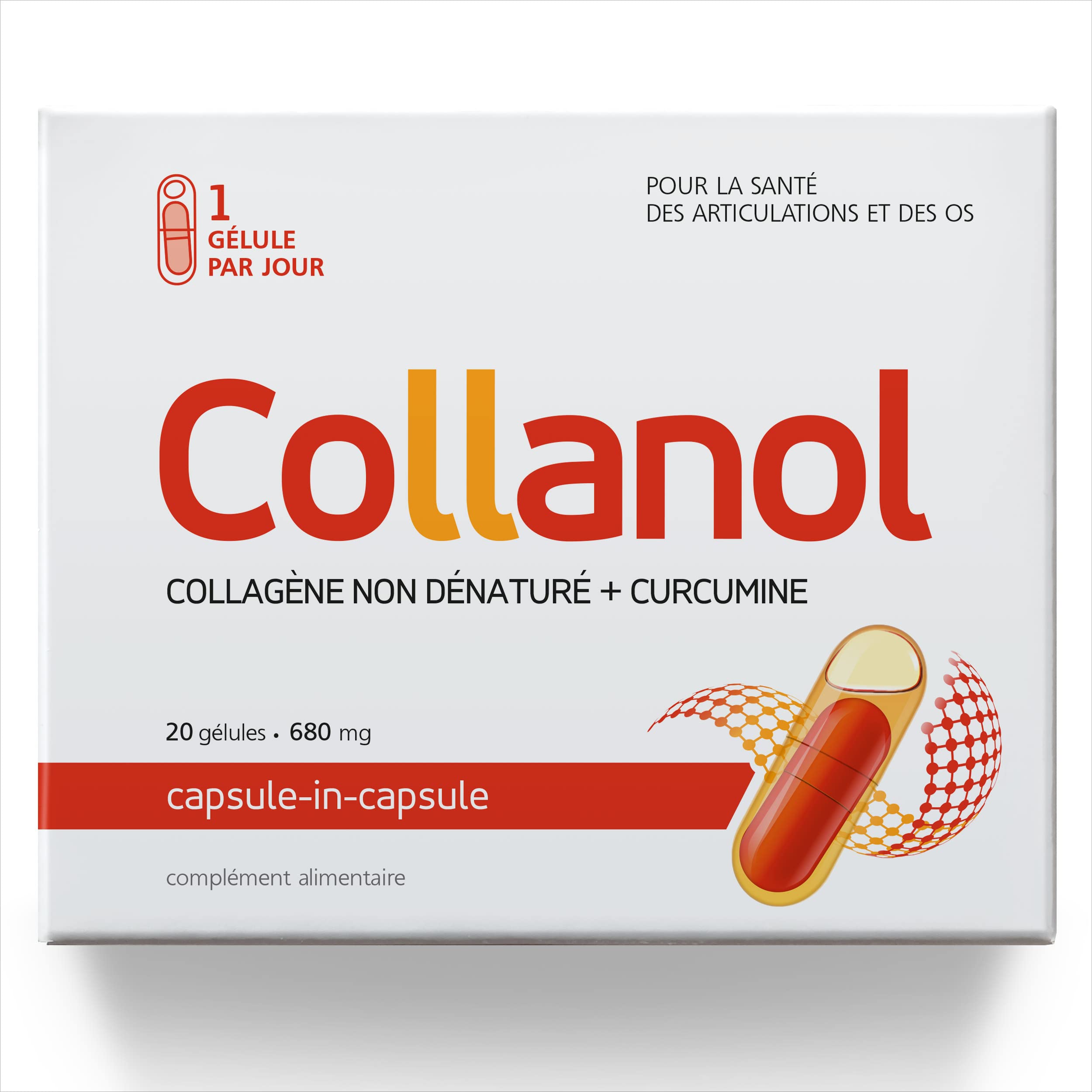 Collanol – innovation dans le soin des articulations saines. Formule liquide dans une double gélule, Collagène 3D + extrait micellaire de racines de curcuma. 1 capsule/jour.(20 Prises)