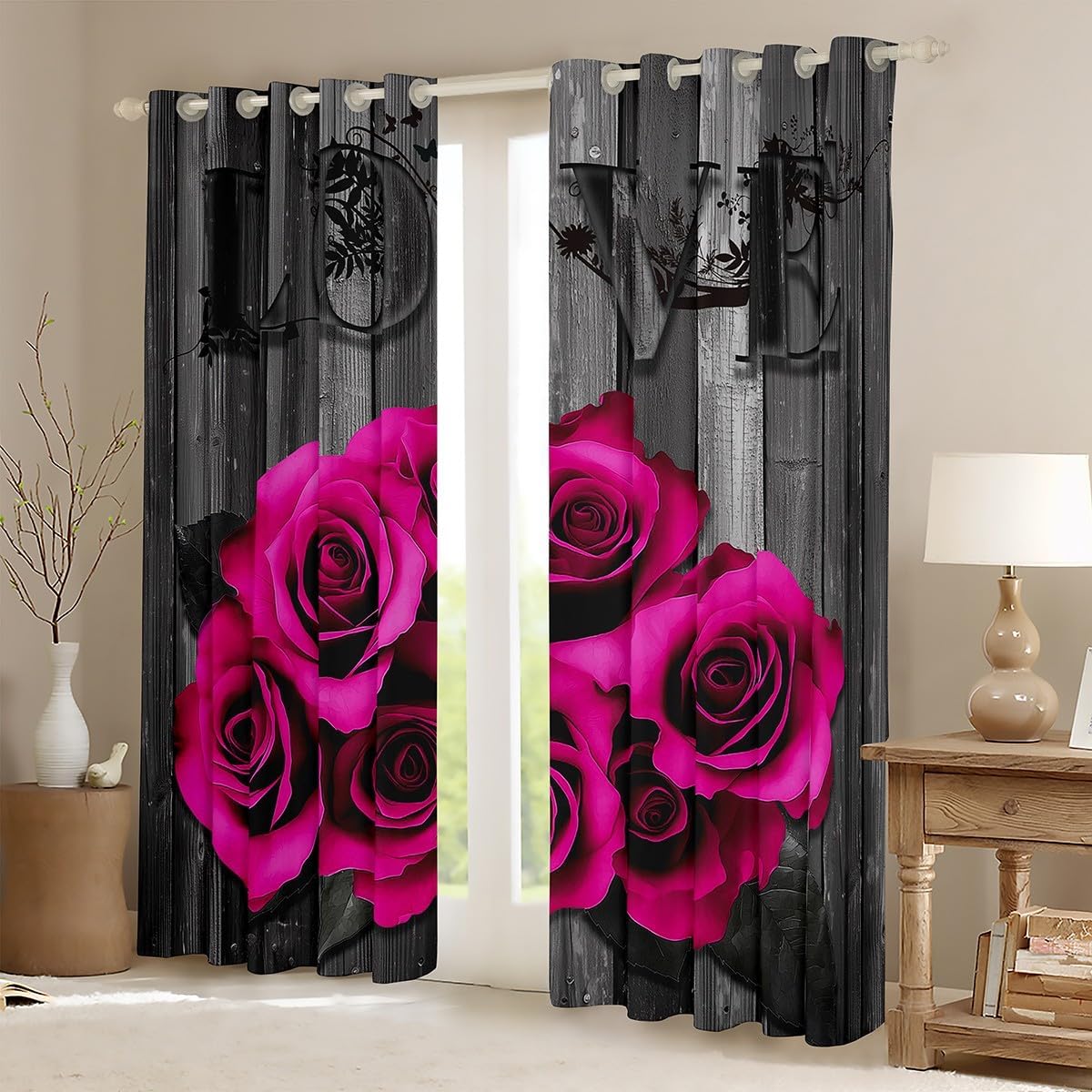 Hot Pink Rose Flowers Window Curtains 38" Wx45 L Rustic Rose Floral Curtains Valentine's Couple Darkening Drapes for Bedroom Living Room,Romantic Blossom Window Treatments 2 Panels Black Grey