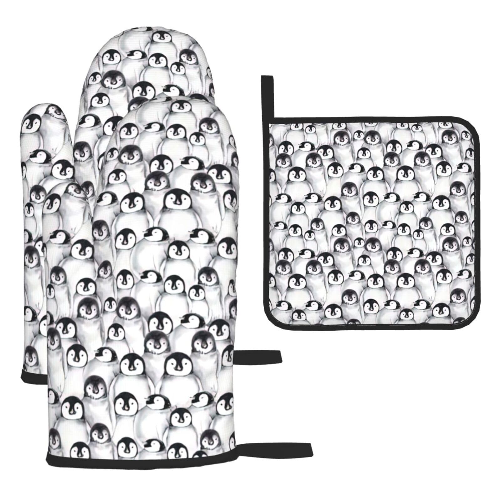 Cute Penguins Sketch Print Oven Kitchen Gloves For Baking Outdoor Grilling Home Use Mitts Microwaving Bbq