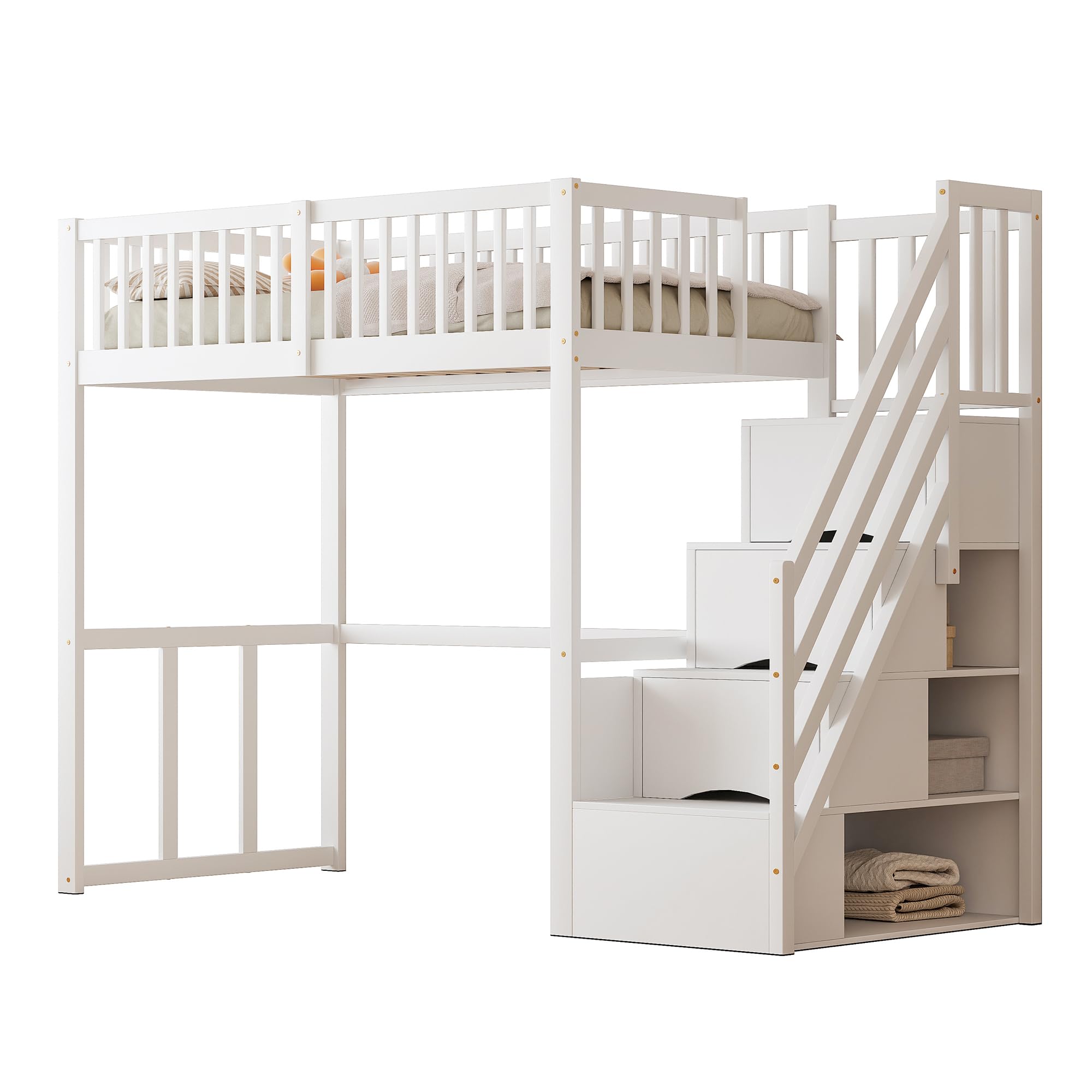 Kebnor Letto a soppalco 90 * 200 cm con scala di sicurezza e vano portaoggetti, struttura letto in legno di pino massello per bambini e ragazzi (Bianco)