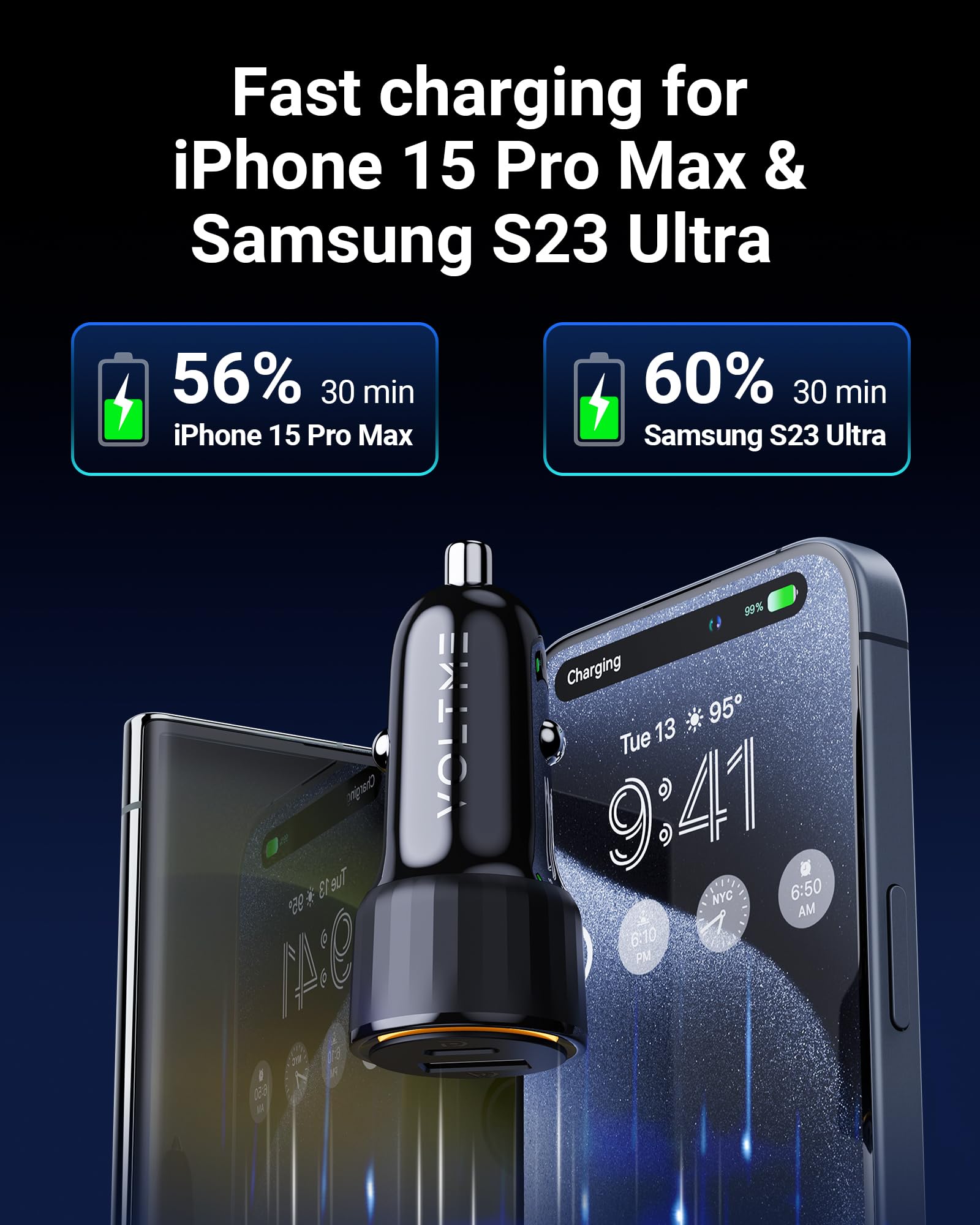 VOLTME USB C Accendisigari 48W 2 in 1 Nero, Caricabatterie Auto Accendisigari Auto 48W, Caricatore Rapido USB C PD/QC 3.0 Presa Accendisigari Compatibile con telefono, tablet, Pixel, Samsung S22/S23