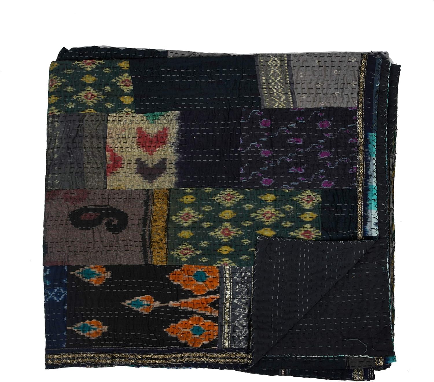 Indian Handmade Quilt Indian Silk Sari Kantha Quilted Patchwork, Silk Kantha Blanket Throw, Boho Vintage Bedspreads, Black, 60" x 40"