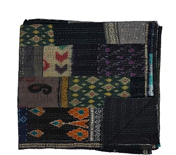 Indian Handmade Quilt Indian Silk Sari Kantha Quilted Patchwork, Silk Kantha Blanket Throw, Boho Vintage Bedspreads, Black, 60" x 40"
