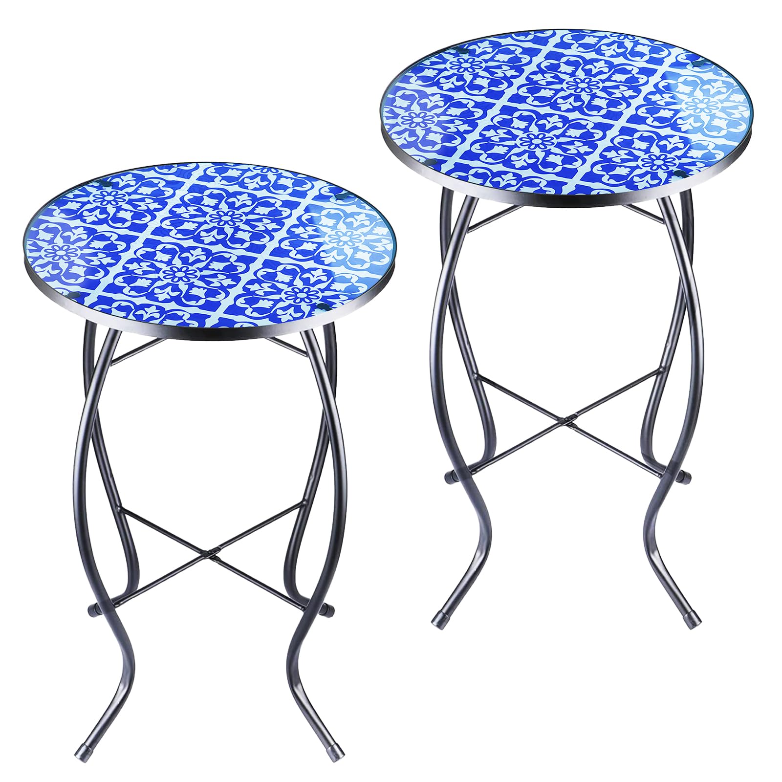Arbuxzuy 2PCS 12 Inch Small Outdoor Side Table with Blue-White Mosaic, Glass Mosaic Patio Table Indoor, Round Plant Coffee Table for Living Room,