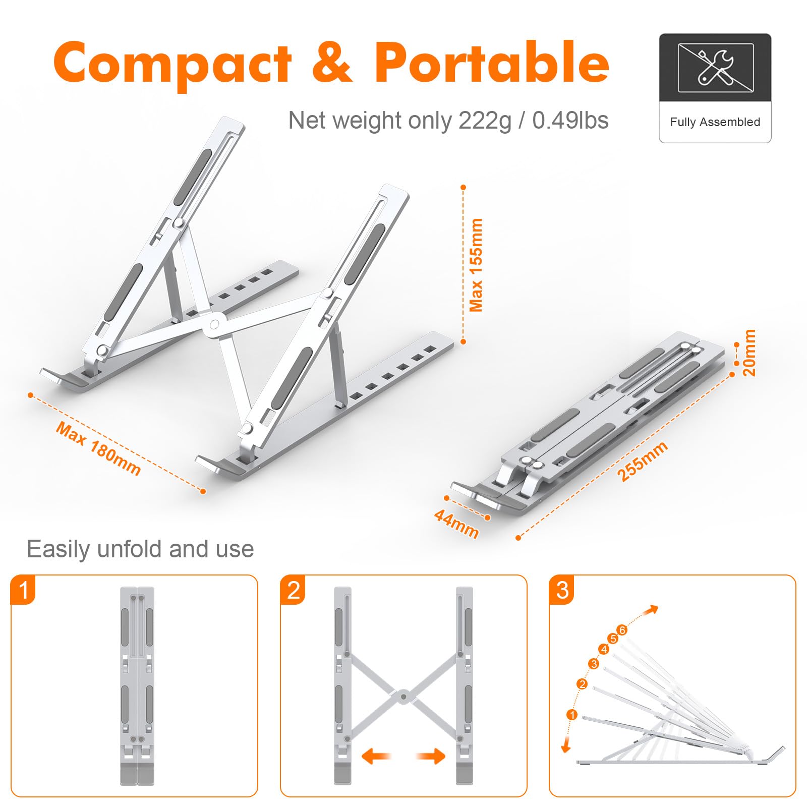 GRIFEMA Soporte para Ordenador Portátil, Laptop Stand Ajustable en 7 Ángulos, Aluminio Plegable con Bolsa, Ergonómico Ventilado para 10-15.6"