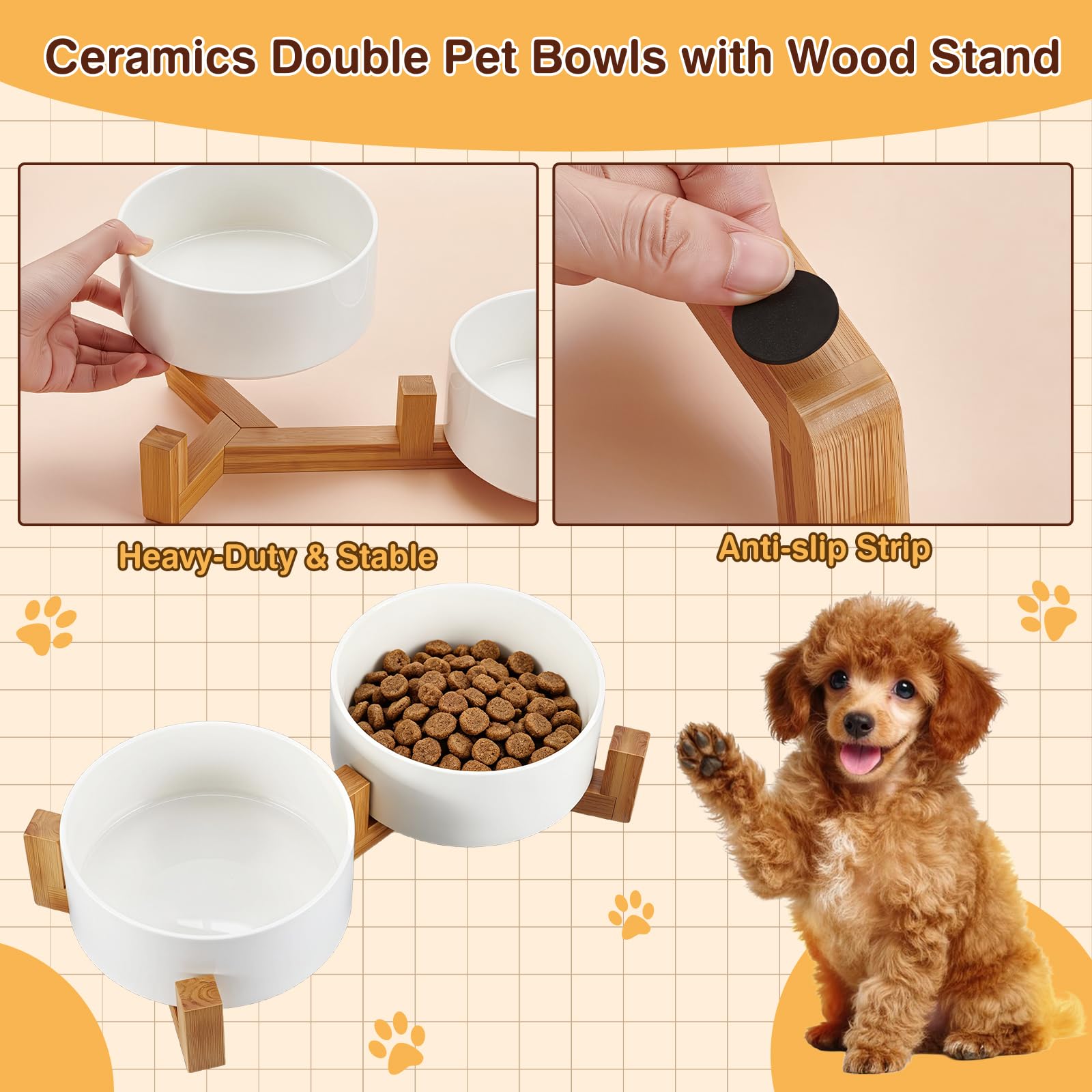 Ciotole per cani in ceramica con supporto in legno