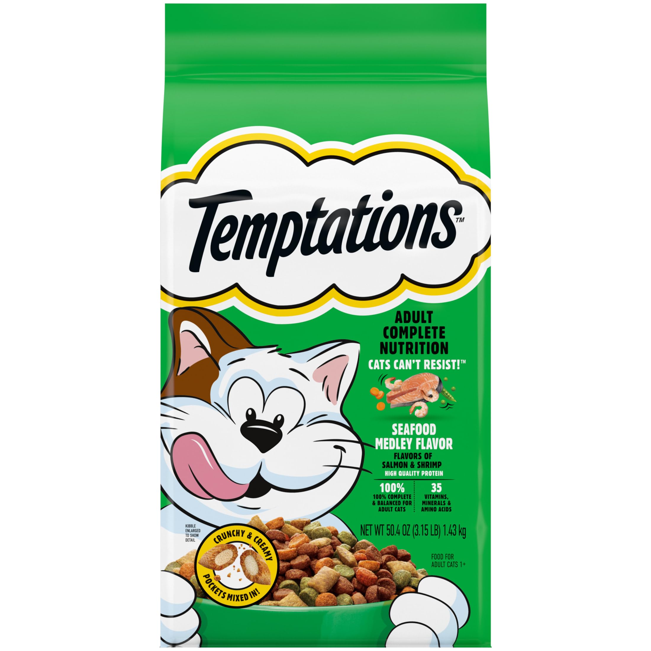 P L-RA Tempttations Seafood Medley Flavor Crunchy Dry Cat Food, 35 Vitamins, Minerals, and Amino Acids, Balanced Nutrition, 3.15 Lb Bag