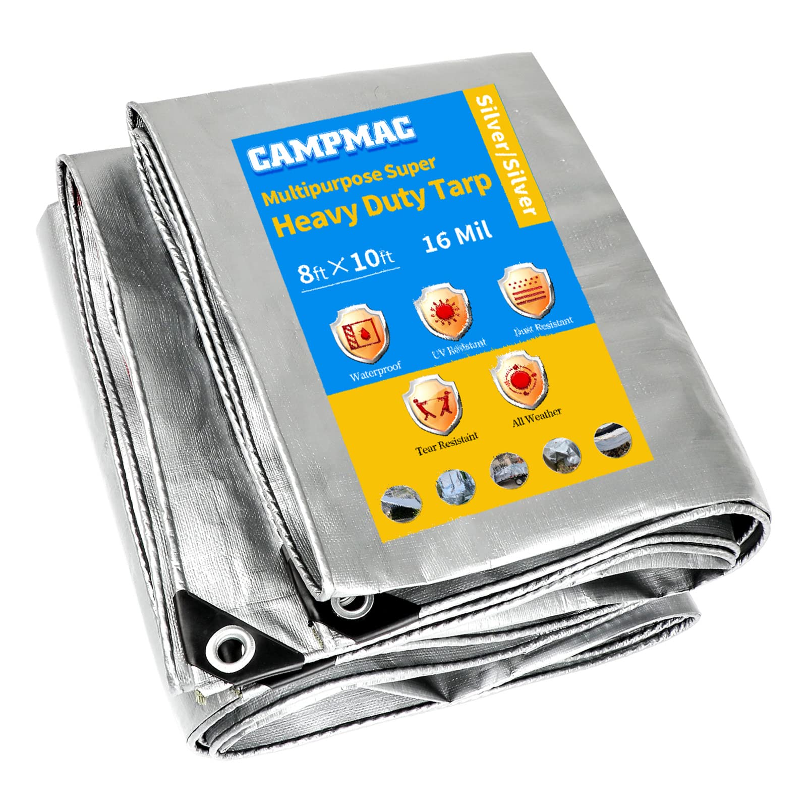 Heavy Duty Tarp 8' X 10', 16 Mil Large Waterproof Tarps, High Durability, UV Resistant, Tear Resistant with Grommets Every 18 Inches for Outdoor