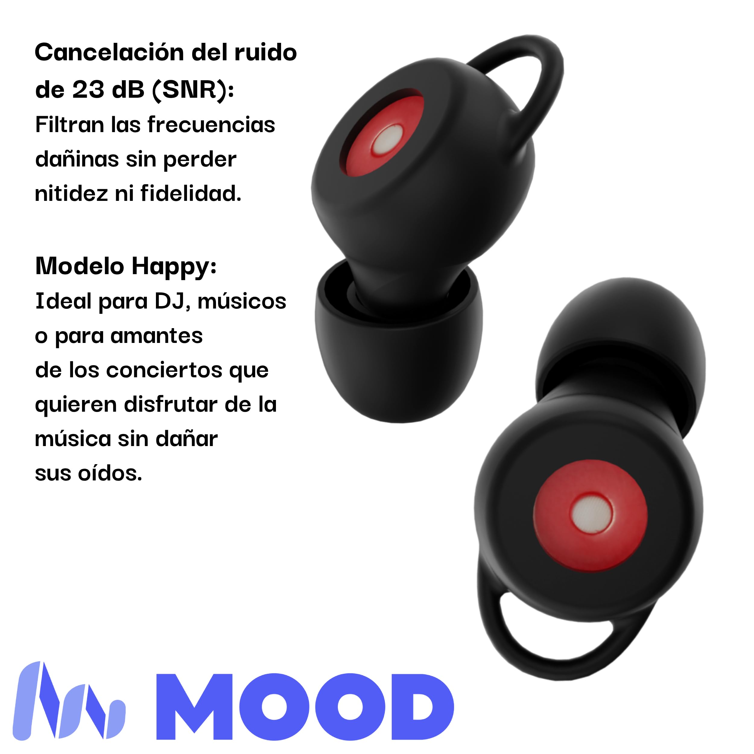 MOOD Tapones para conciertos y dj: Reducción del ruido de 23 dB (SNR) - Disminuyen la intensidad del sonido sin perder claridad - Marca española con diseño exclusivo - Happy Black