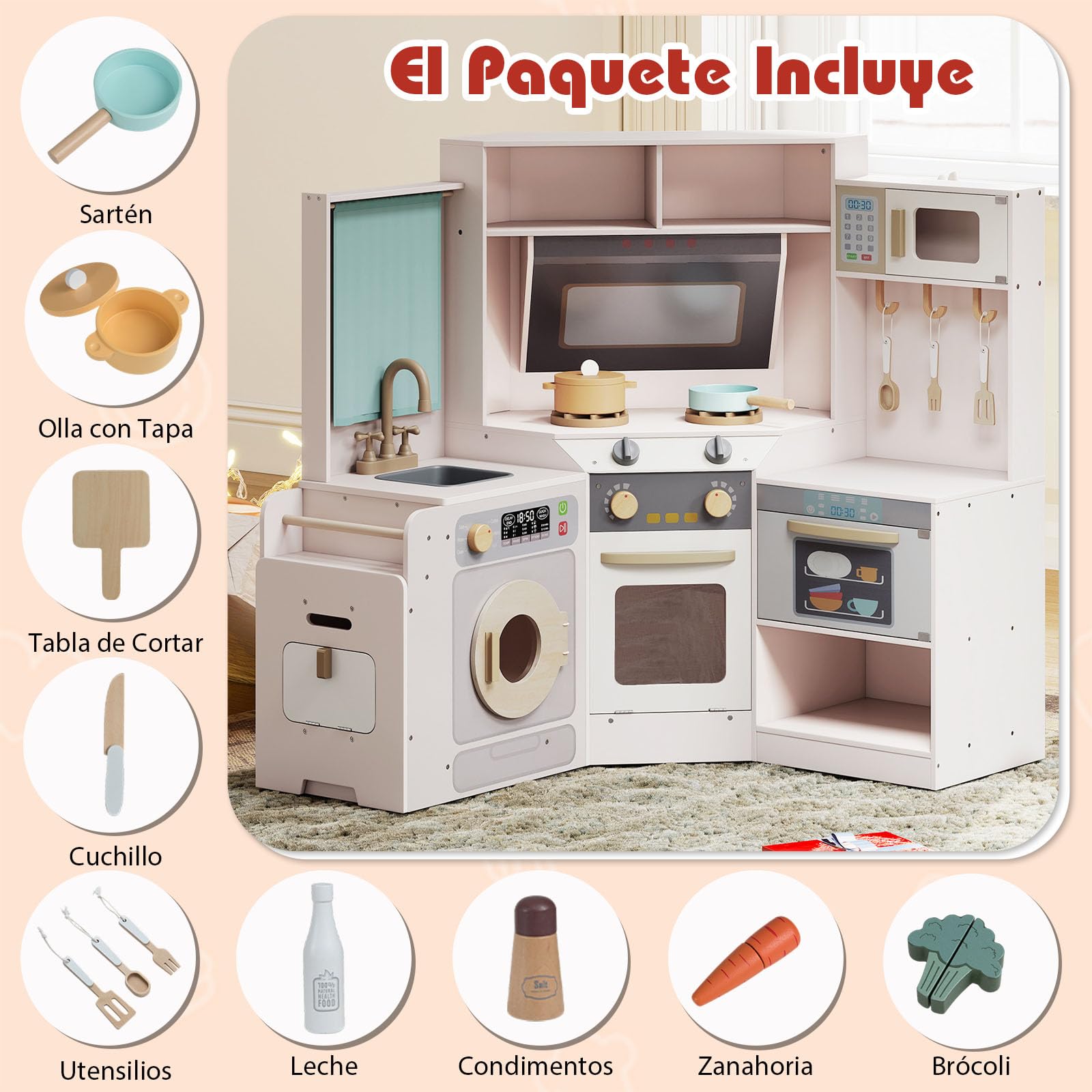 GOPLUS Cocina de Juguete de Esquina, Cocinita Infantil de Madera con Cubo de Basura Extraíble, Fregadero, Fogones, Microondas, Horno, Lavadora, Luces y Sonidos para Niños de 3+ Años (Rosa)