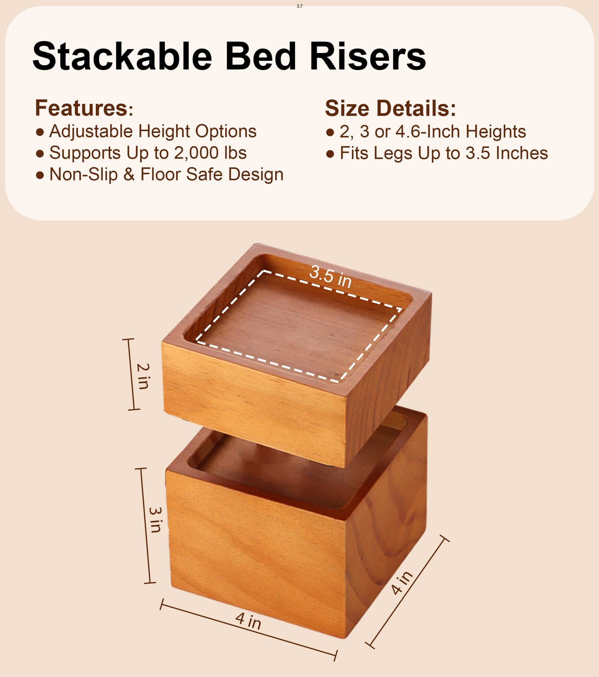 Lufia Rialzi in legno per mobili da letto, 5, 7,6 o 12,7 cm, in legno di pino massello: migliora la durata, il comfort e lo stile con un'installazione senza sforzo e funzionalità aggiuntive