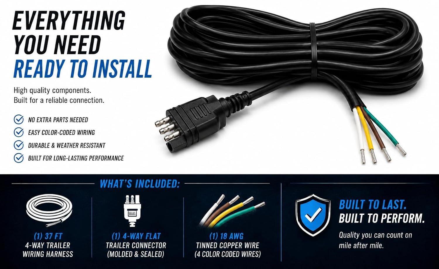 37 FT 4-Way Flat Trailer Wiring Harness, 18 AWG Tinned Copper, Fully Jacketed Cable, Sealed Trailer Side Connector, Heavy Duty 4 Pin Extension for Boat, Utility & Cargo Trailers