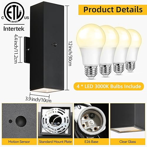 Miniatura 4 de SHlMR - Paquete de 2 luces de porche con sensor de movimiento, lámpara de exterior del atardecer al amanecer, montaje de pared con bombillas