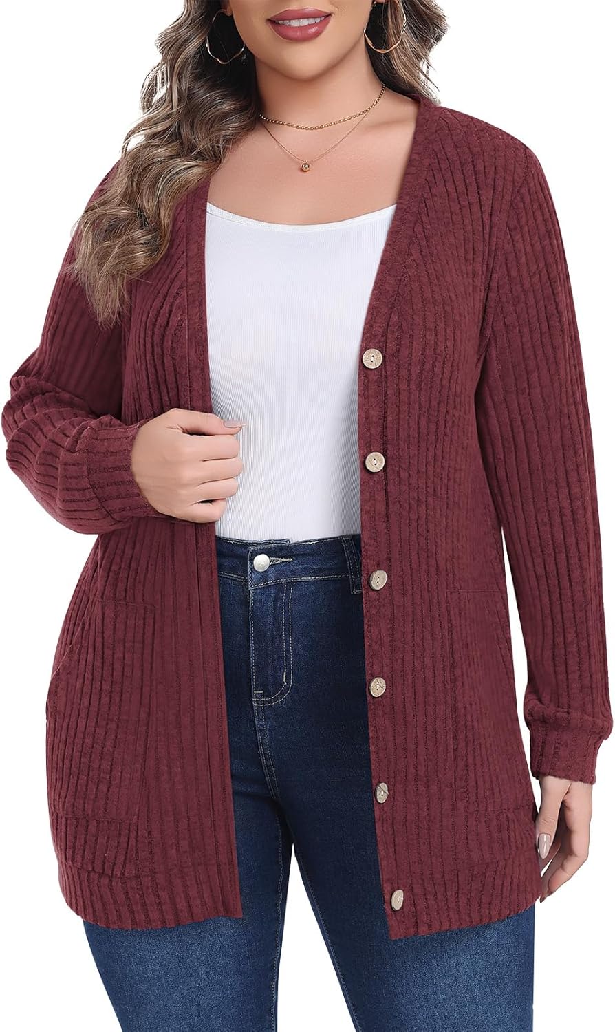 Lastshe Women's Plus Size Cardigan Sweaters Button Down Long Sleeve Fall Cardigans Knit Outwear with Pockets