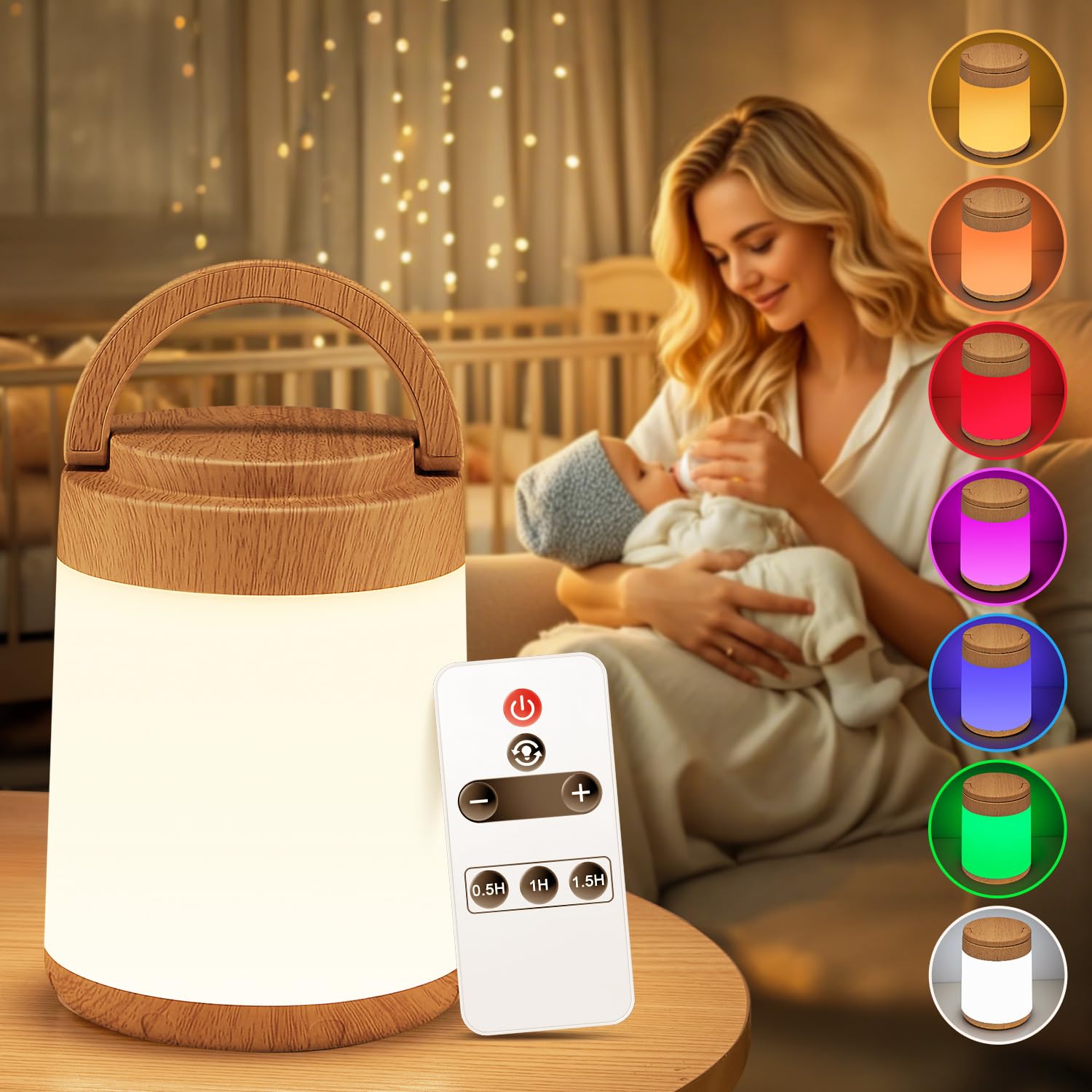 Luce Notturna Bambini, 10 Colori Dimmerabile Lampada Notturna per Bambini, Ricaricabile Lampade da Comodino,Telecomando+Timer Lampada Touch Lampada a Batteria Portatile[Colore Della Grana del Legno]