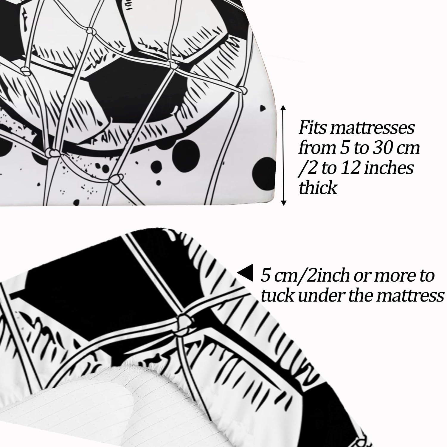 Sábana bajera ajustable para niños, niñas y adolescentes, tamaño individual, 90 x 190 cm, microfibra suave, resistente a la decoloración, con temática de fútbol en blanco y negro, juego de sábanas con
