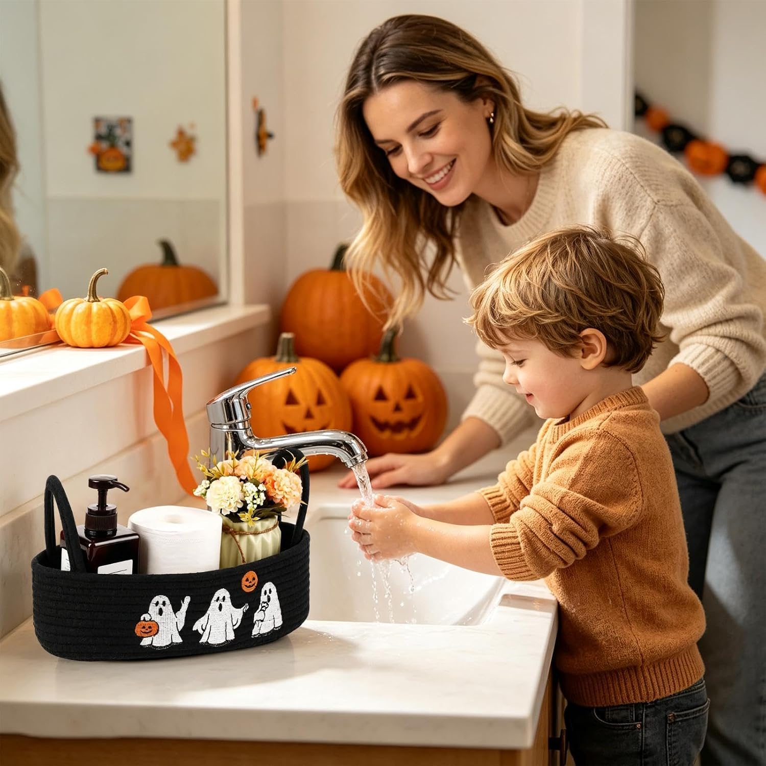 Halloween Basket - Ghost Design Candy Holder, Cotton Rope Storage Bin, with